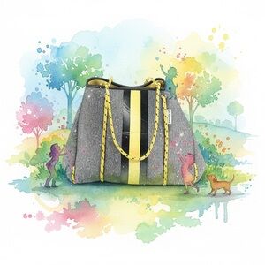 AH-DORNED ~ Large Gray Bag w/Yellow Racing Stripe Bungee Cord Style Handle